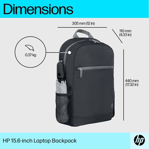 HP Laptop Backpack for 15.6" Laptop - Black / Grey - Annotation - Dimension shot