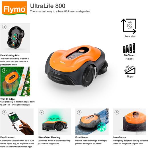Flymo UltraLife 800 Robotic Lawn Mower - Sunset Orange - annotation - features shot