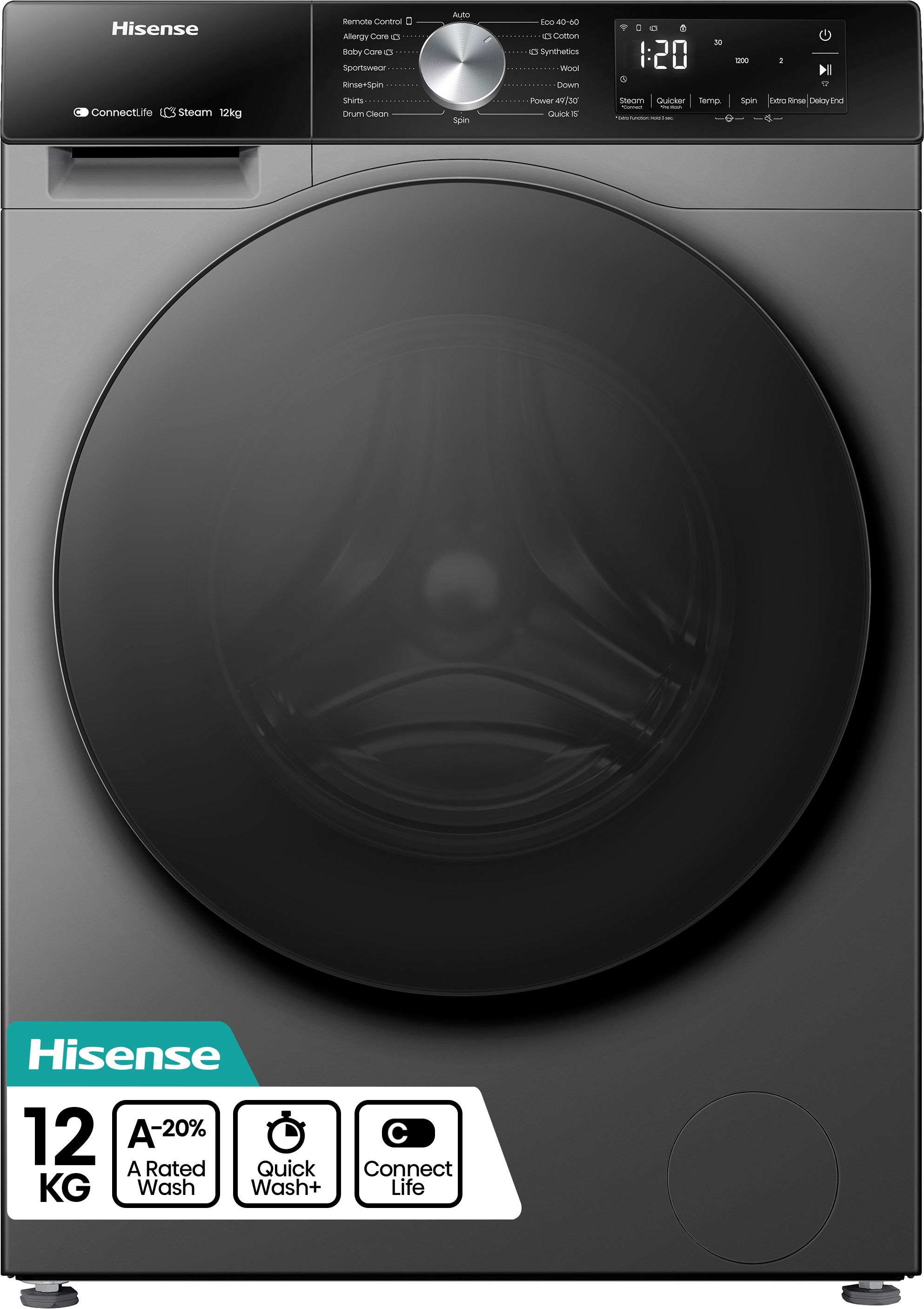 Hisense WF3S1243BT3 12kg Washing Machine - Steam - Quick Wash+ - Titanium - 1400 RPM