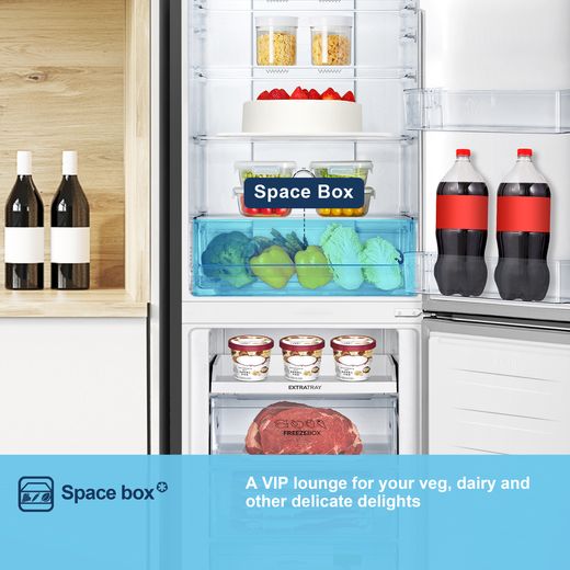 Fridgemaster MC55251DB 182cm 50/50 Frost Free Fridge Freezer - Black - Annotation - Space box shot