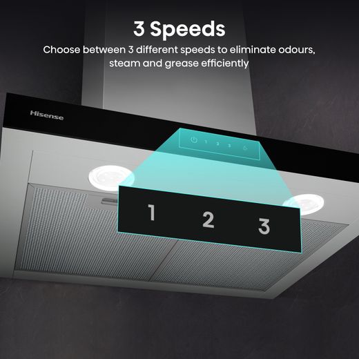 Hisense CH6T14BXBUK 60cm Chimney Cooker Hood - Stainless Steel / Black - Annotation - 3 speeds