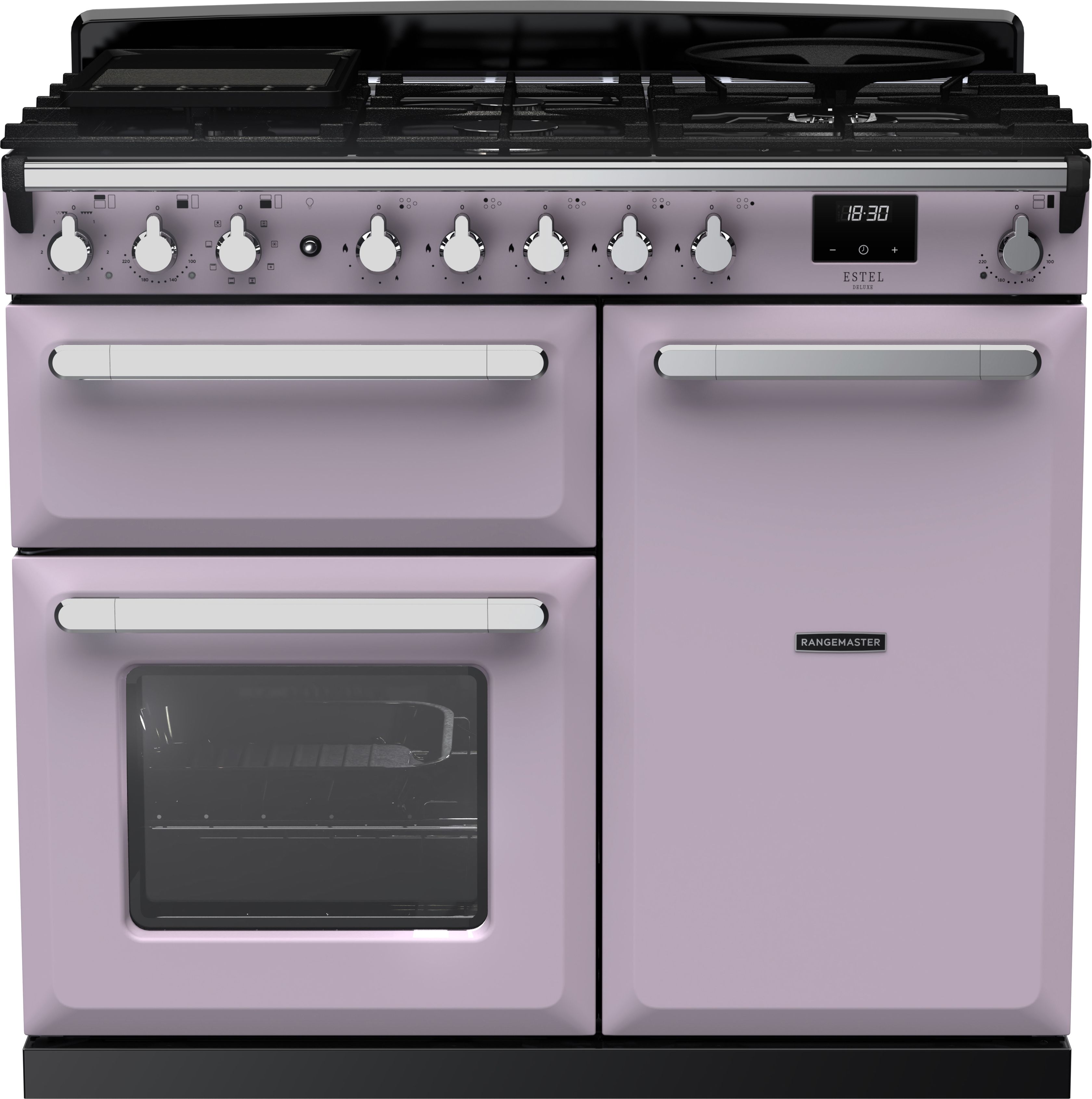Image of Rangemaster Estel Deluxe ESDL100DFPHTH/CM1 100cm wide Dual Fuel Range Cooker with Gas Hob - Heather / Chrome - A/A Rated, Purple