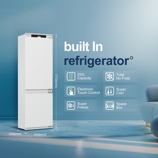 Fridgemaster MBC55252NE 177cm 70/30 Integrated No Frost Fridge Freezer with Sliding Door Fixing Kit - White - Annotation - Features