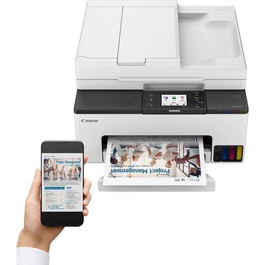 Canon MAXIFY GX2050 Wireless Inkjet Printer - White - person using phone to connect to printer shot