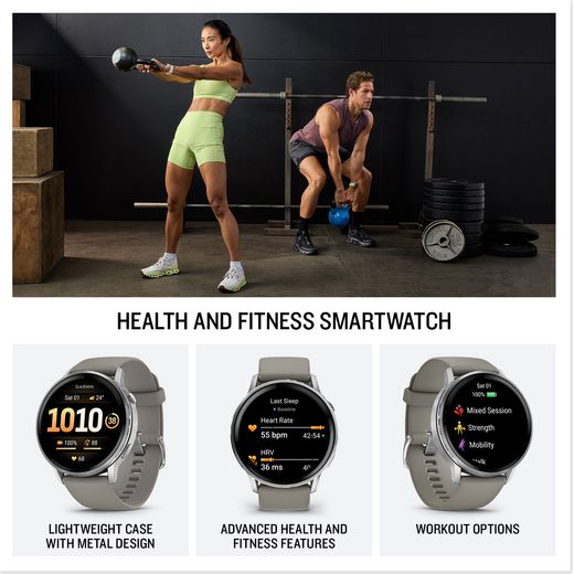 Garmin Venu 4, GPS - 45 - Silver/Grey - Annotation - health and fitness shot