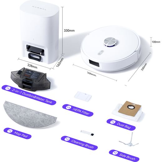 Narwal Freo S Robotic Vacuum Cleaner - White - Annotation - dimension shot 