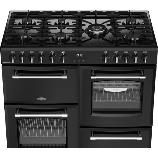 Belling FARMHOUSE 100DF Dual Fuel Range Cooker - Black / Antique Brass - Hob perspective shot