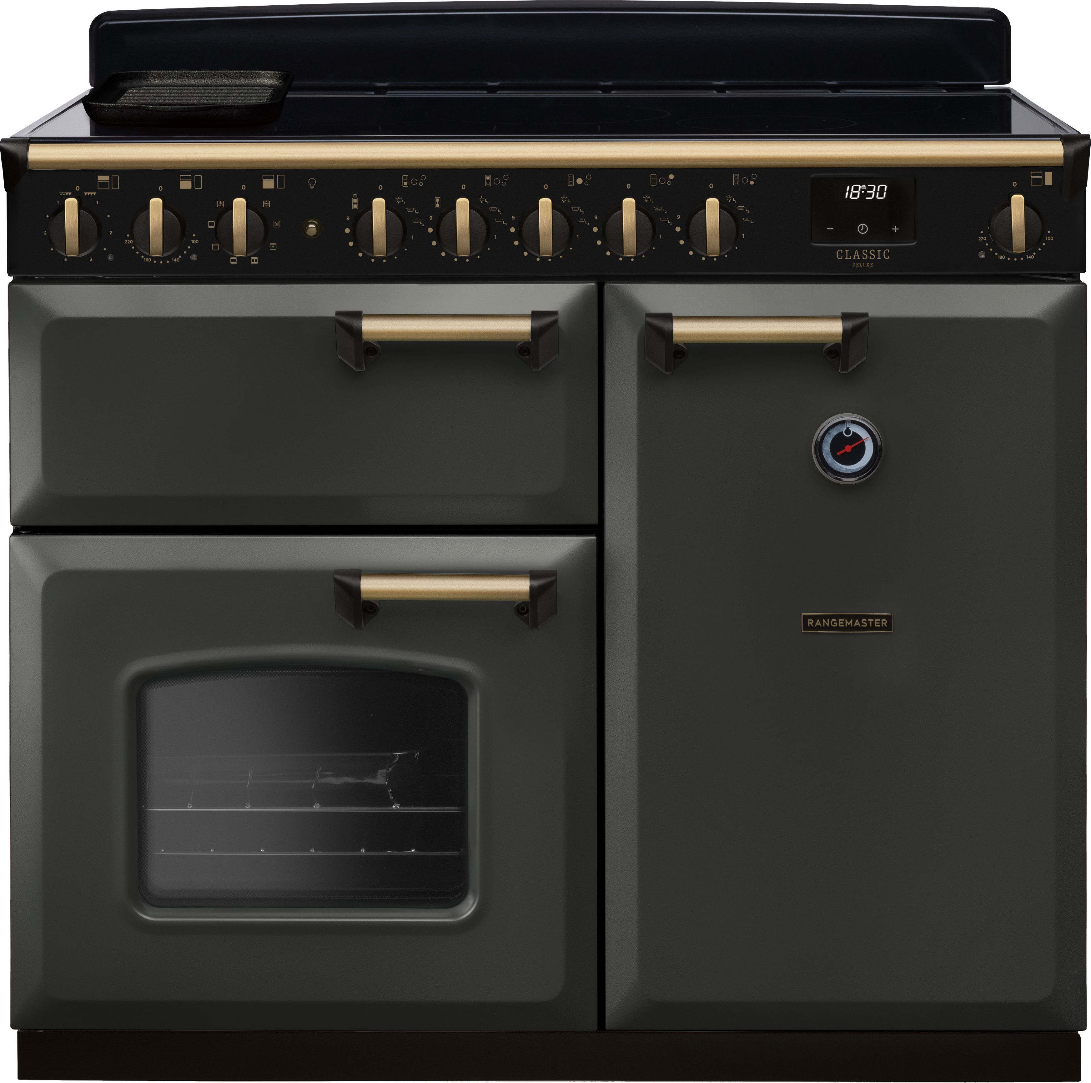 Image of Rangemaster Classic Deluxe CLDL100EIPSLT/AB1 100cm wide Electric Range Cooker with Induction Hob - Slate / Antique Brass - A/A Rated, Grey