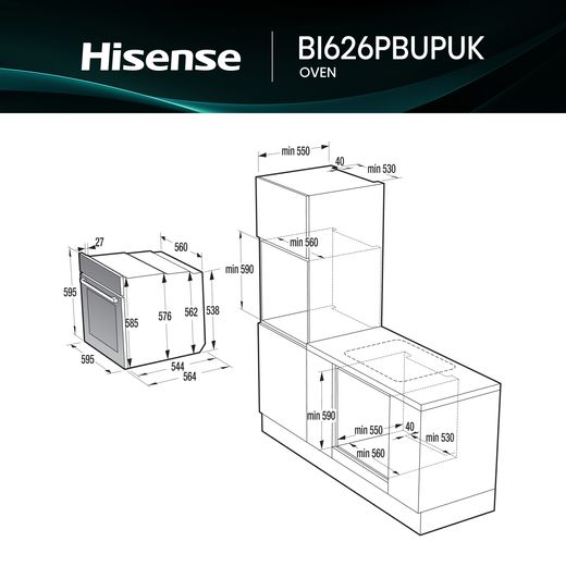 Hisense Hi2 BI626PBUPUK Built In Electric Single Oven with Pyrolytic Cleaning - Jet Black - Dimensions