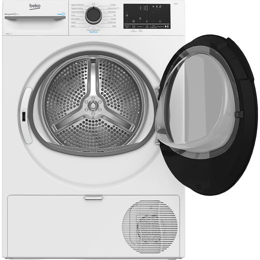 Beko SteamCure BM3T3833W 8Kg Heat Pump Tumble Dryer - White - Front with door open shot