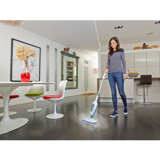 Black + Decker FSM13E1-GB Steam Mop with up to 15 Minutes Run Time - White - Women cleaning floor shot