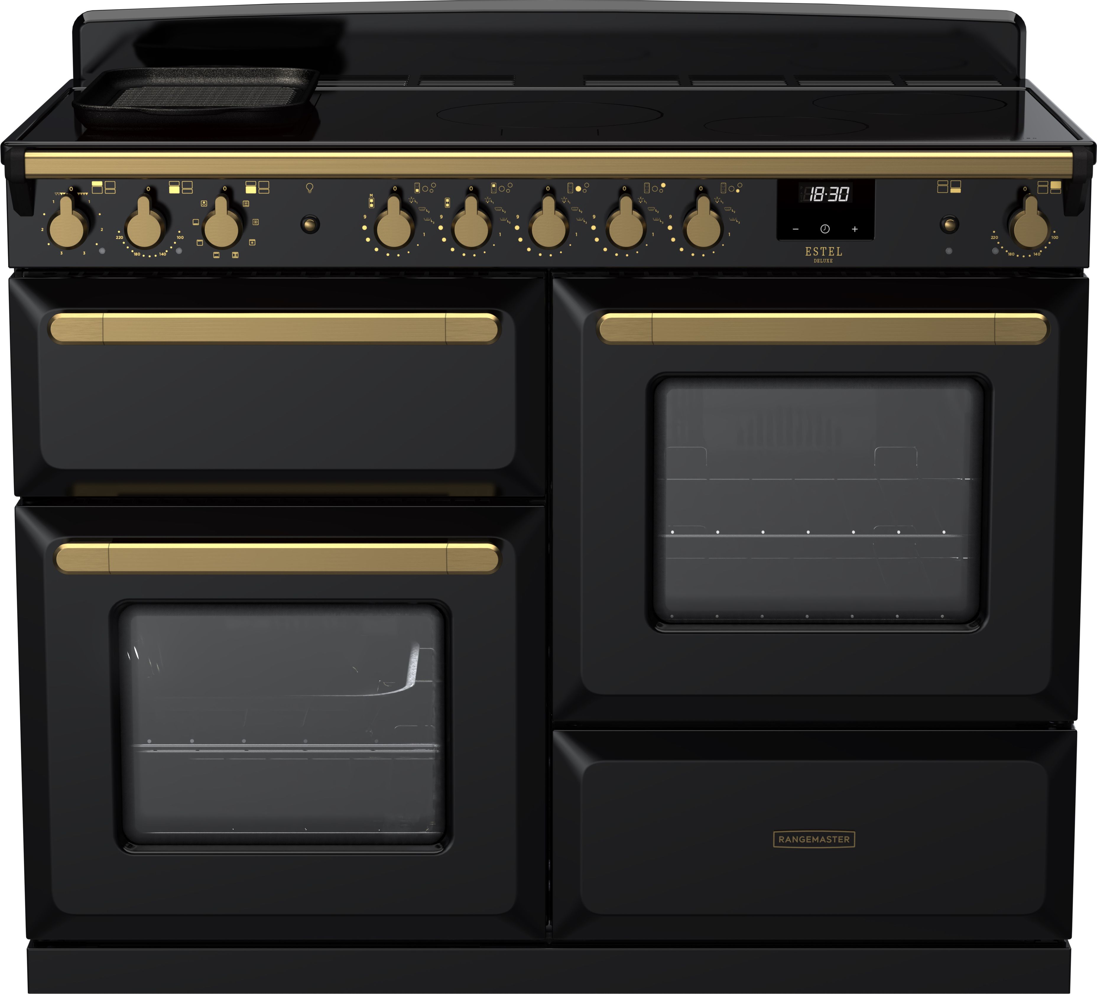Rangemaster Estel Deluxe ESDLO110EIPGBL/AB1 110cm Electric Range Cooker with Induction Hob - Black / Antique Brass - A Rated, Black