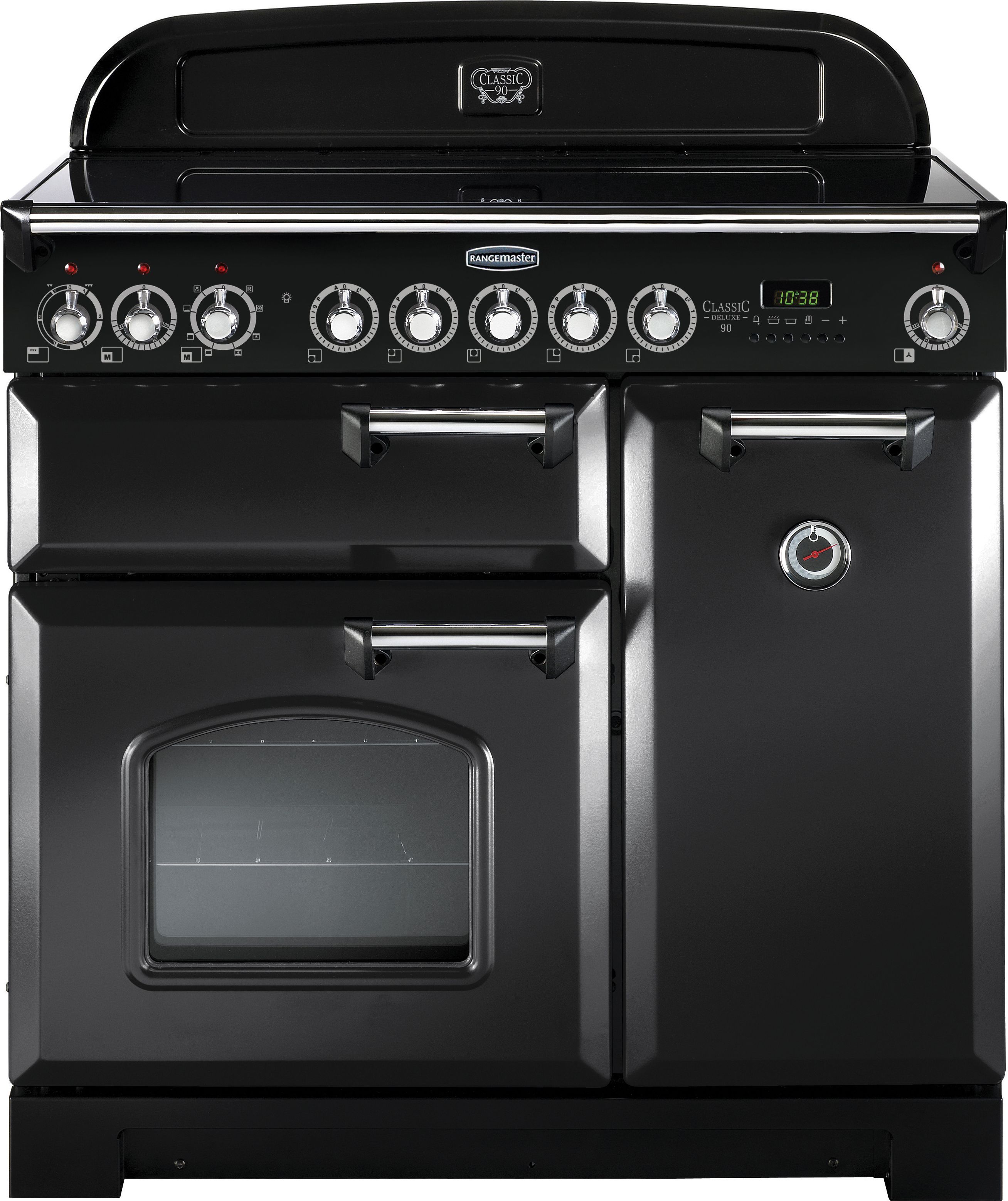 Rangemaster Classic Deluxe CDL90EICB/C 90cm Electric Range Cooker with Induction Hob - Charcoal Black / Chrome - A/A Rated, Black
