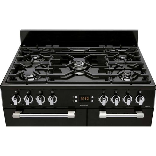 Leisure Cookmaster CK90G232K 90cm Gas Range Cooker with Electric Fan Oven - Black - Perspective shot with pan supports