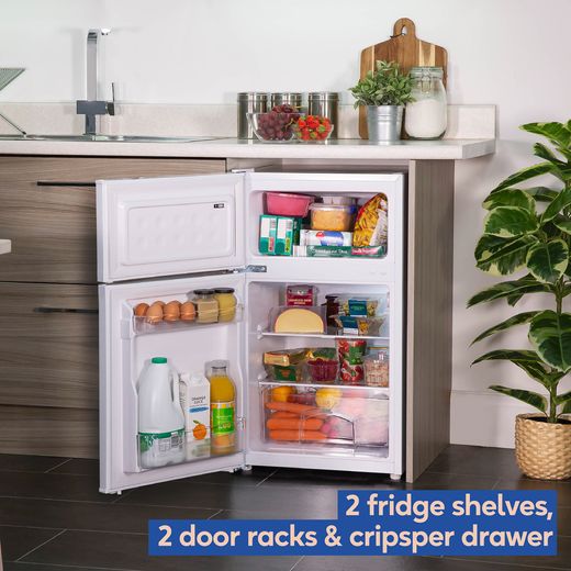 Russell Hobbs Under-Counter Fridge Freezer in White - Annotation - Fridge freezer storage shot