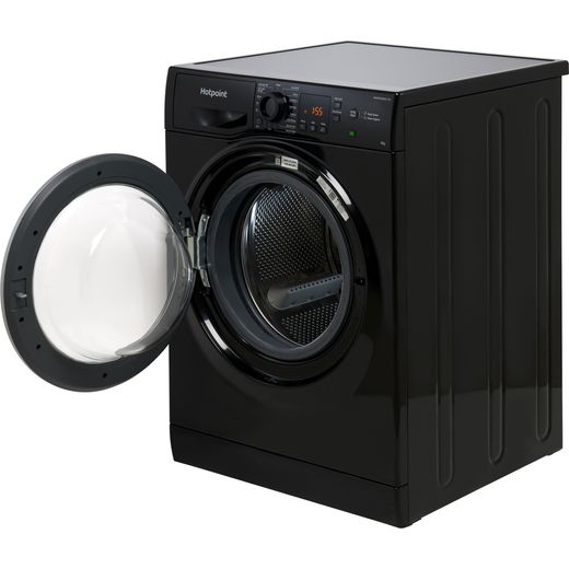 Hotpoint NSWM 946 BS UK 9kg Washing Machine with 1400 rpm - Black - Left perspective with door open shot