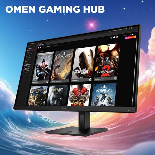 HP OMEN 27" Quad HD 280Hz Gaming Monitor with FreeSync™ Premium with NVidia G-Sync - Black - Annotation - gaming hub shot