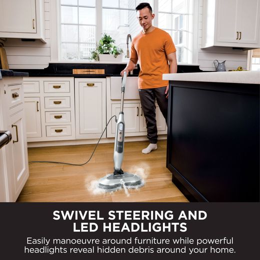 Shark S8201UK Steam Mop with up to 11.5 Minutes Run Time - White / Cloudy Blue - Annotation - Swivel steering and LED headlights