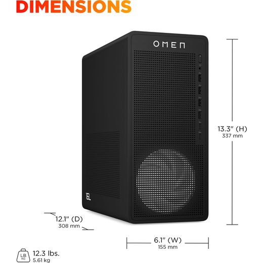 HP OMEN 16L TG03-0007na Gaming PC - NVIDIA® GeForce RTX™ 5060, AMD Ryzen™ 5, 1TB SSD - Black - Annotation - Dimension shot