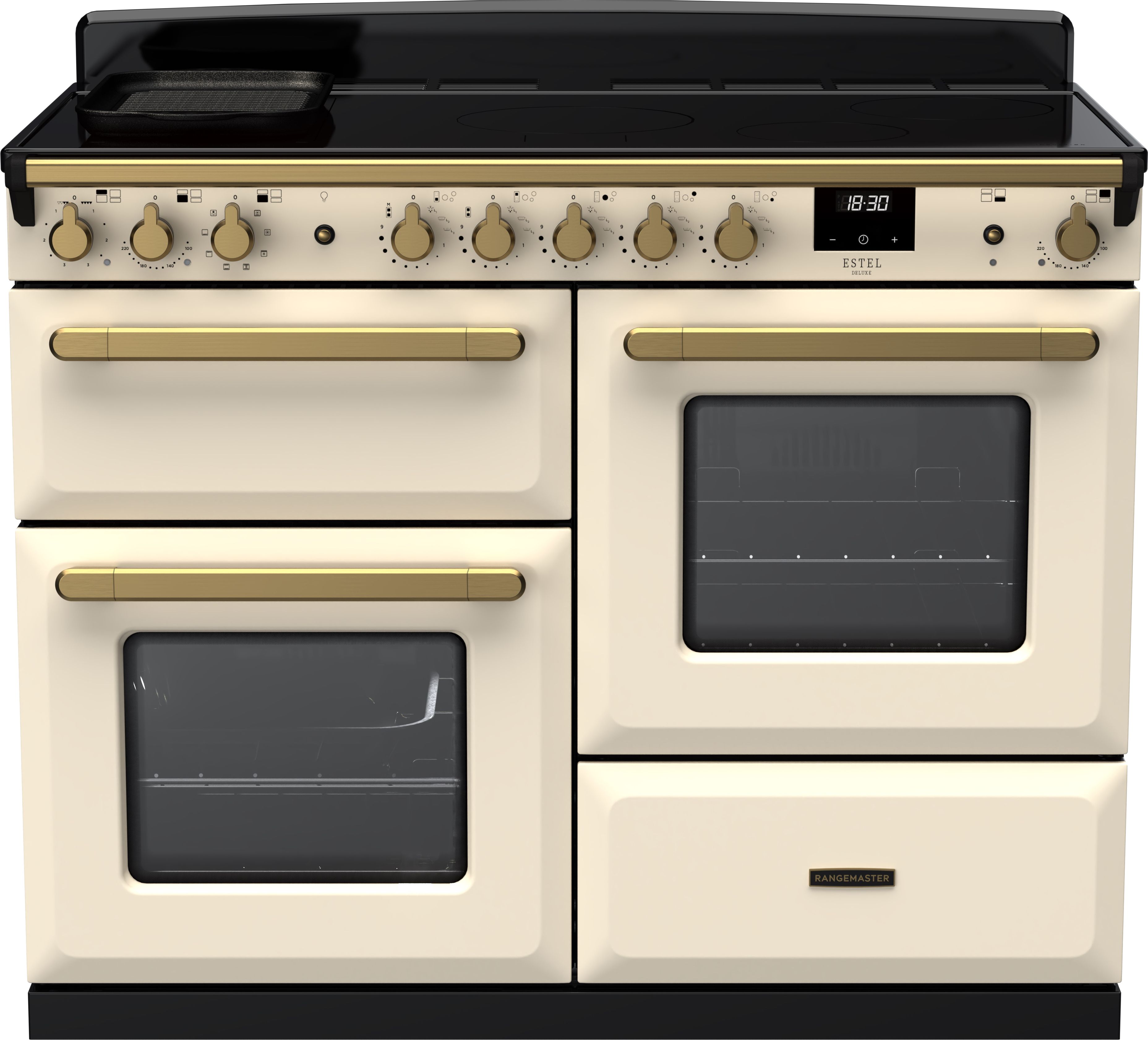 Image of Rangemaster Estel Deluxe ESDLO110EIPPCR/AB1 110cm wide Electric Range Cooker with Induction Hob - Cream / Antique Brass - A Rated, Cream
