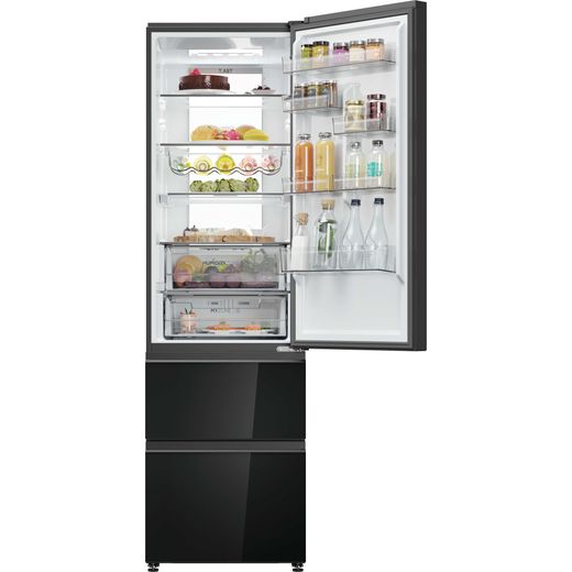 Haier 3D 60 Series 7 HTW7620DNGB Wifi Connected 205cm High No Frost Fridge Freezer - Black - Door open
