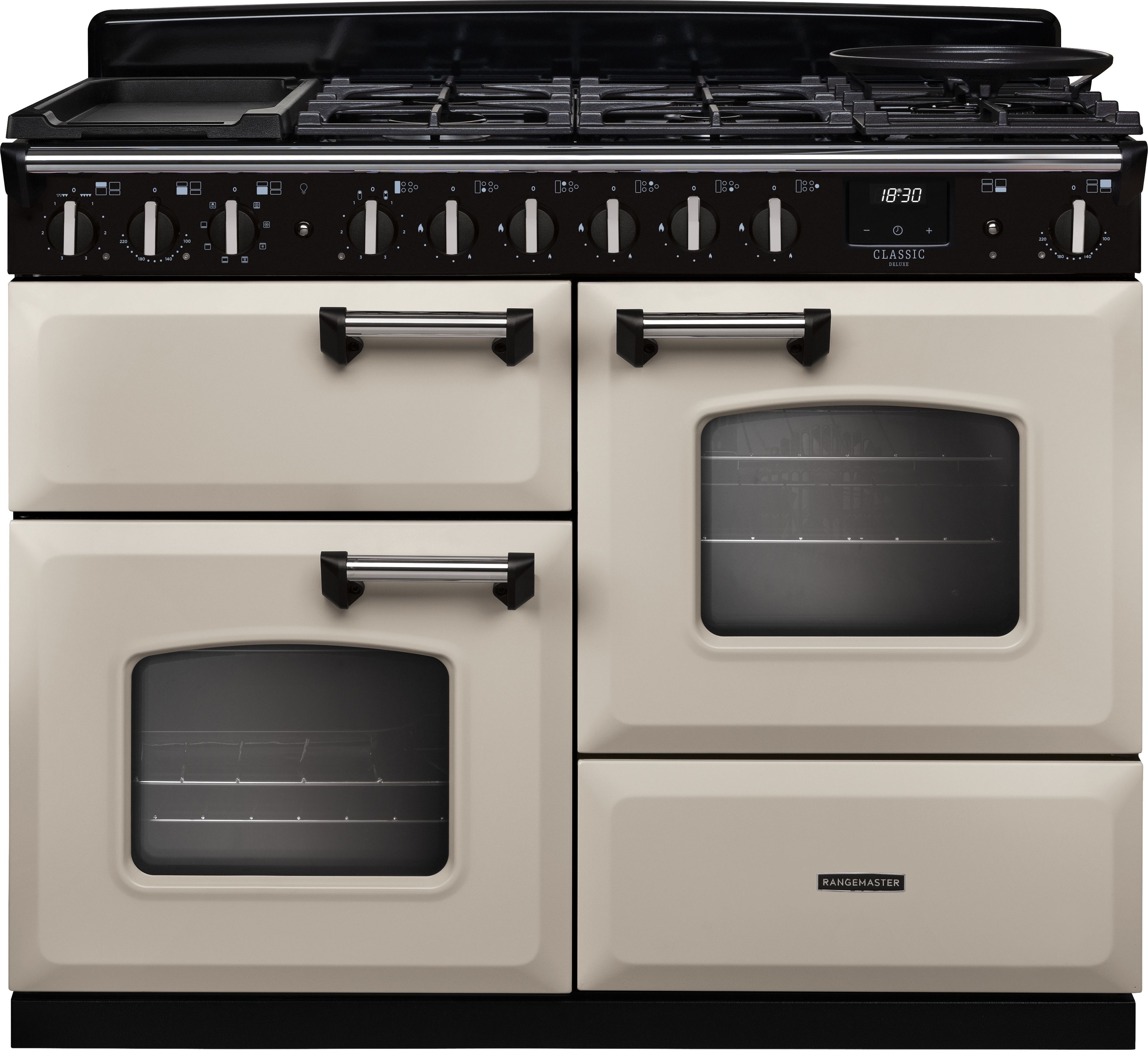 Image of Rangemaster Classic Deluxe 110 CLDLO110DFPPCR/CM1 110cm wide Dual Fuel Range Cooker with Gas Hob - Cream / Chrome - A Rated, Cream