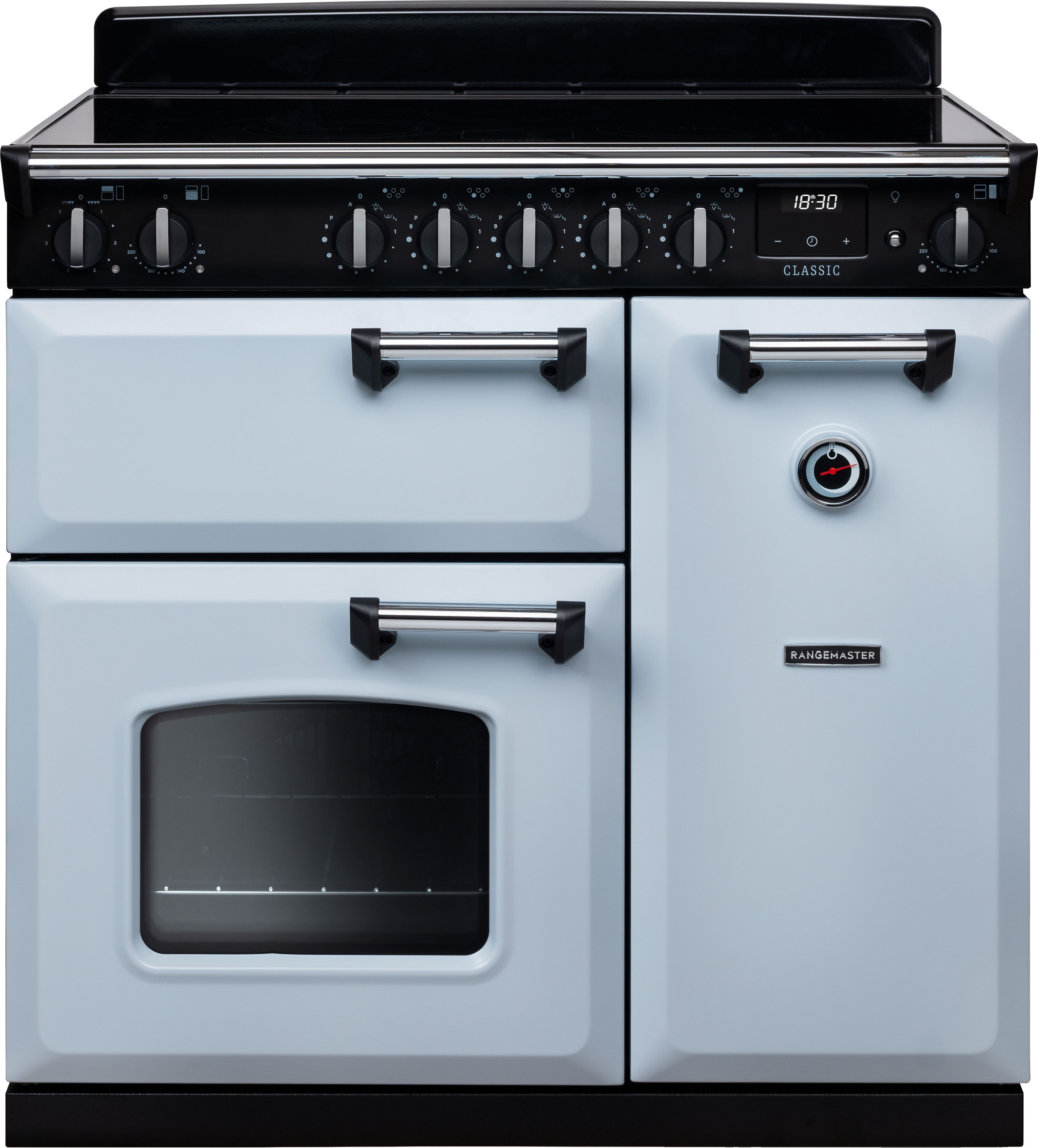 Image of Rangemaster Classic CL90EIPMSB/CM1 90cm wide Electric Range Cooker with Induction Hob - Misty Blue / Chrome - A Rated, Blue