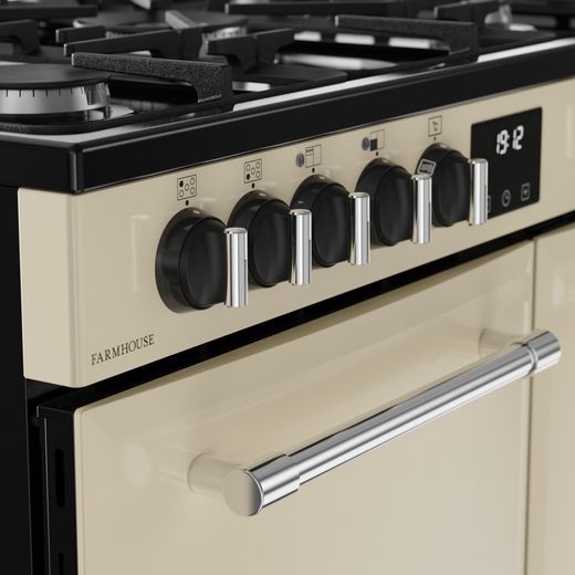 Belling FARMHOUSE 90DF Dual Fuel Range Cooker - Cream - Control dials