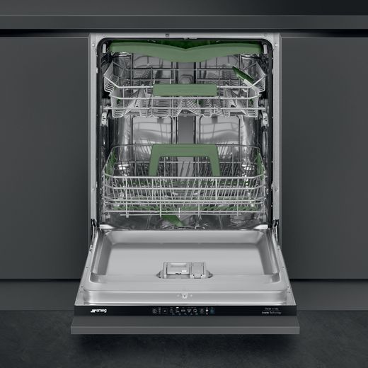 Smeg Integrated Standard Dishwasher - Black - Dishwasher with door open in kitchen  shot 