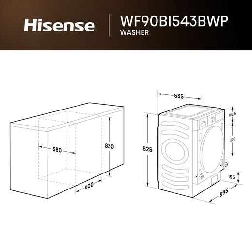 Hisense 5 Series WF90BI543BWP 9kg WiFi Connected Washing Machine with 1400 rpm - White - annotation - dimension shot