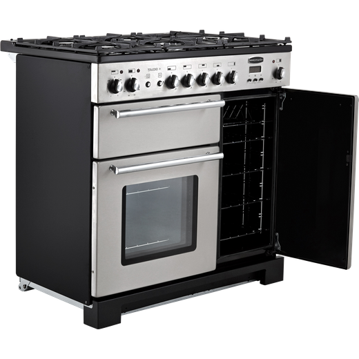 Rangemaster Toledo + 90cm Dual Fuel Range Cooker - Stainless Steel / Chrome - Right door open
