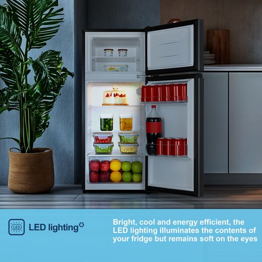 Fridgemaster MTM48120EB 117cm 80/20 Small Fridge Freezer - Black - Annotation - LED lighting shot