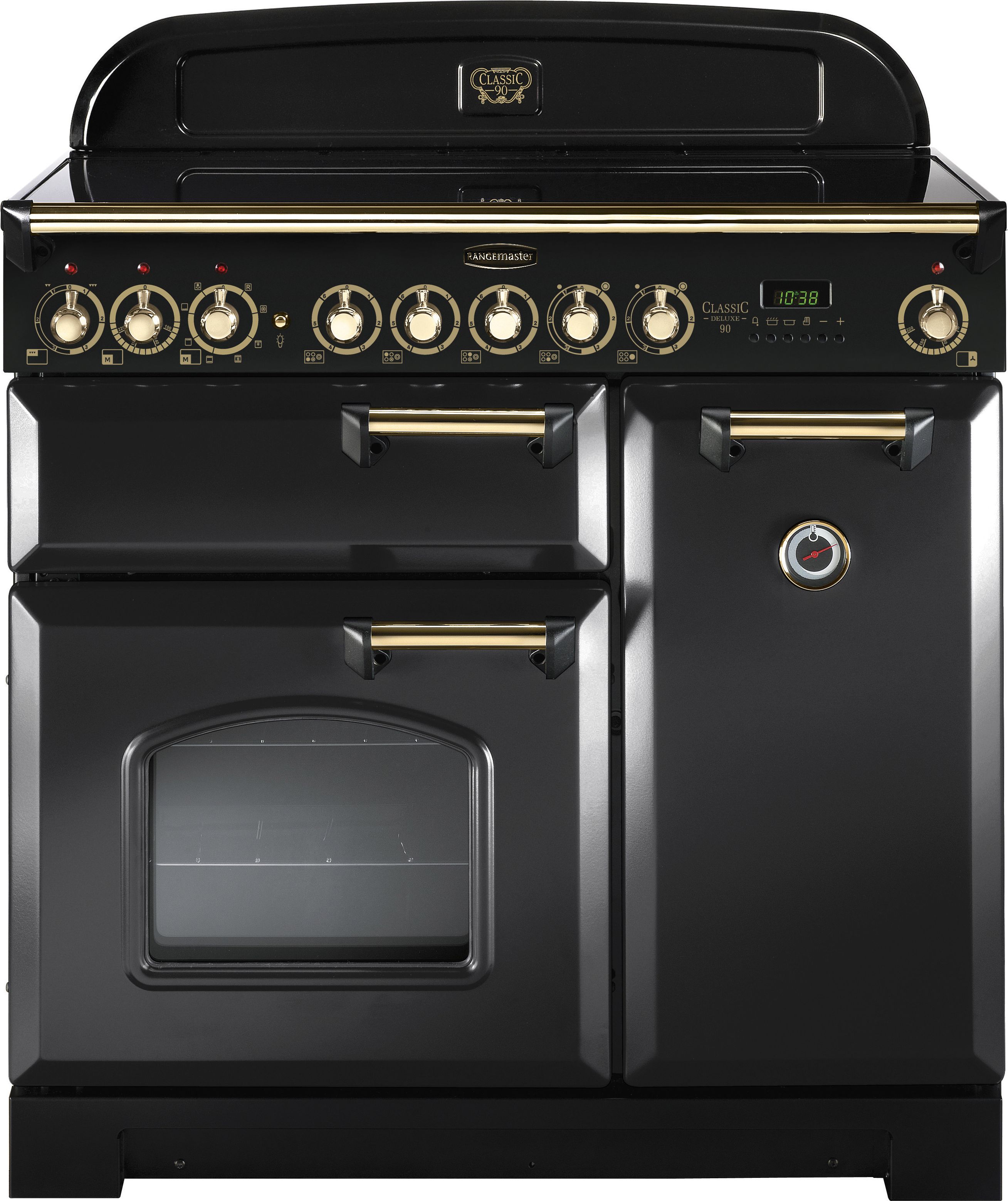 Rangemaster Classic Deluxe CDL90ECCB/B 90cm Electric Range Cooker with Ceramic Hob - Charcoal Black / Brass - A/A Rated, Black