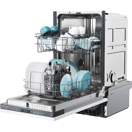 Candy Integrated Slimline Dishwasher - Black Control Panel - Door open racks out