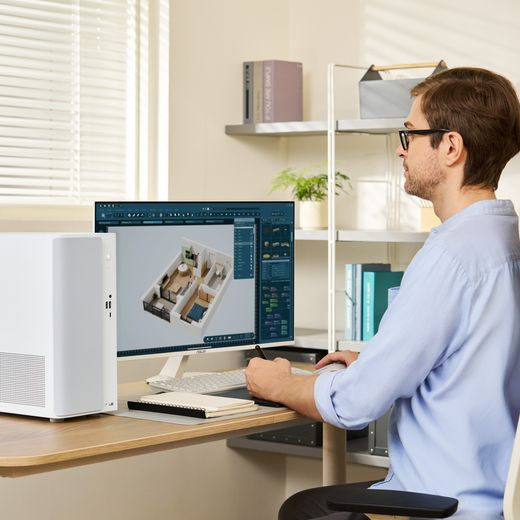 Asus V500 Mini Tower V501MV-W521H34W Tower - Intel® Core™ 5, 512GB SSD, 2026 16 GB RAM - White - person working on computer shot