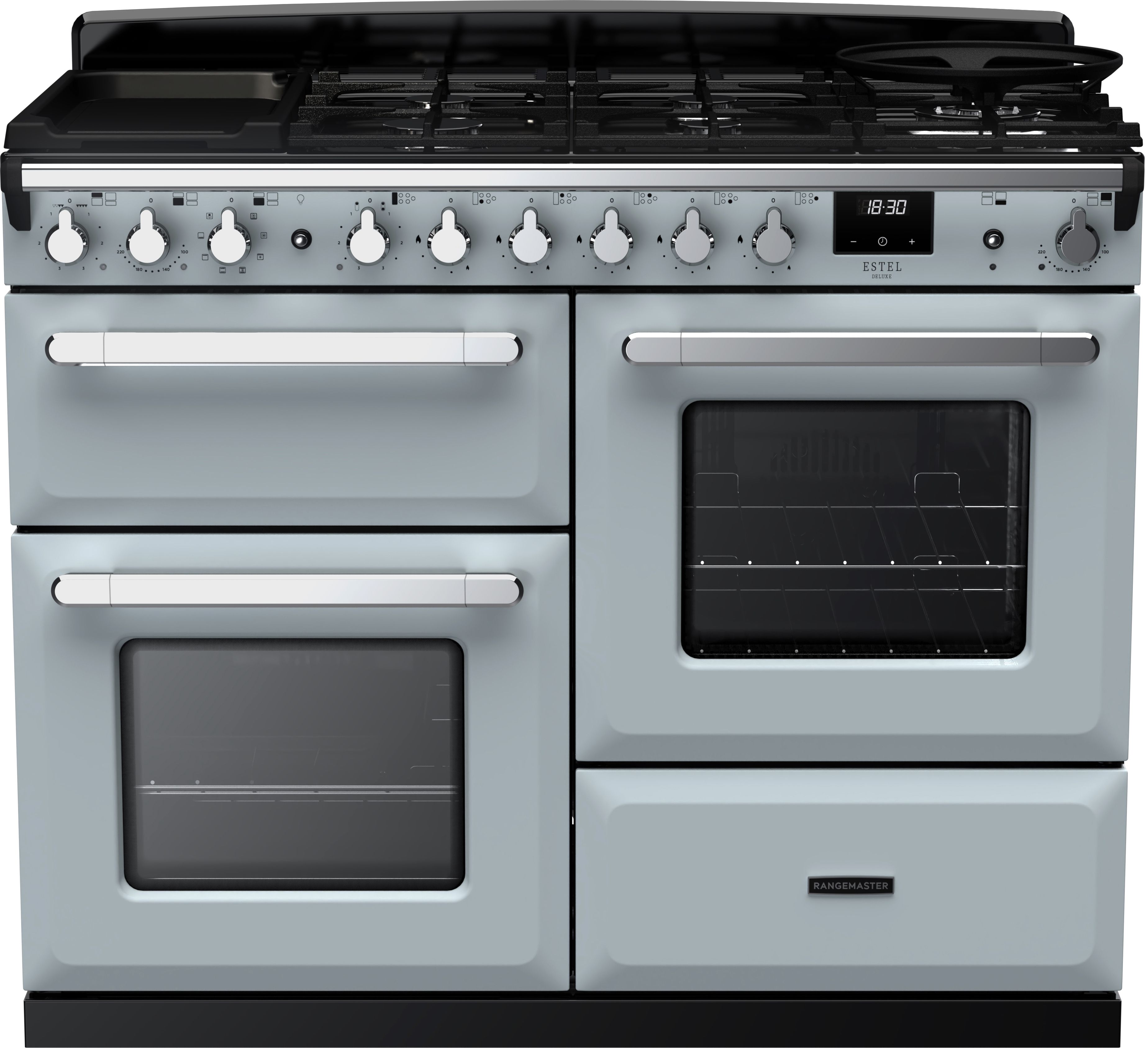 Image of Rangemaster Estel Deluxe ESDLO110DFPMSB/CM1 110cm wide Dual Fuel Range Cooker with Gas Hob - Misty Blue / Chrome - A/A Rated, Blue