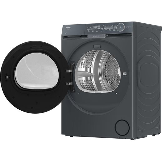 Haier X9 HD100-CQ387GU-UK Wifi Connected Heat Pump Tumble Dryer - Graphite -  Left perspective door open shot