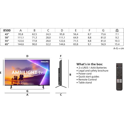 Philips 8500 Series 55" 4K Ultra HD QLED Smart Ambilight TV - Annotation - Dimension shot