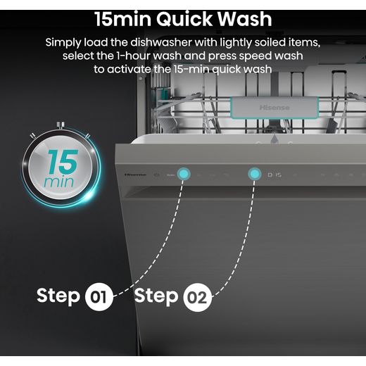 Hisense Standard Dishwasher - Stainless Steel - Annotation - 15min quick wash shot