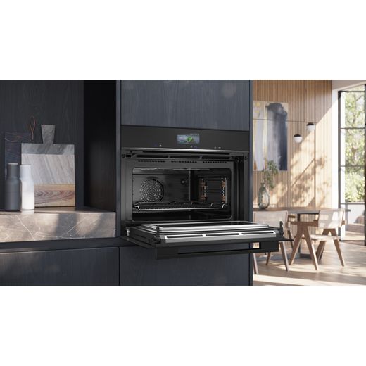 Siemens IQ-700 Compact Electric Single Oven - Black - Oven with door open in kitchen shot