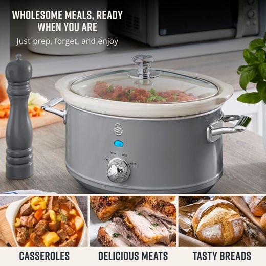 Swan Retro SF17021GRN 3.5 Litre Slow Cooker - Grey - Annotation - Wholesome meals shot