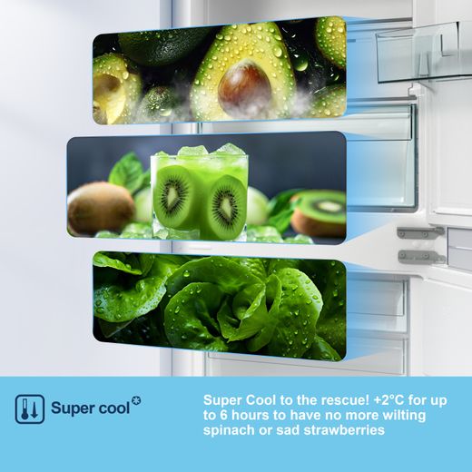 Fridgemaster MBC55252NE 177cm 70/30 Integrated No Frost Fridge Freezer with Sliding Door Fixing Kit - White - Annotation - Super cool