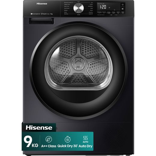 Hisense 3S Series DH3S902BBCC Wifi Connected 9Kg Heat Pump Tumble Dryer - Black - front shot