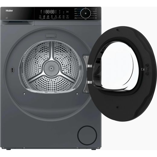 Haier X Series 5 HD80-D357GU1-UK Wifi Connected 8Kg Heat Pump Tumble Dryer - Graphite - Front with door open shot