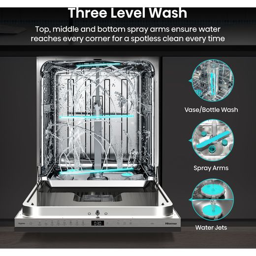 Hisense HV16AUK Full-Size Fully Integrated Dishwasher - Annotation - Three level wash