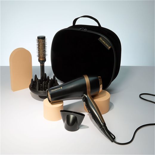 Remington Salon Smooth Dryer Gift Pack Hair Dryer - Gold - Bundle on table shot
