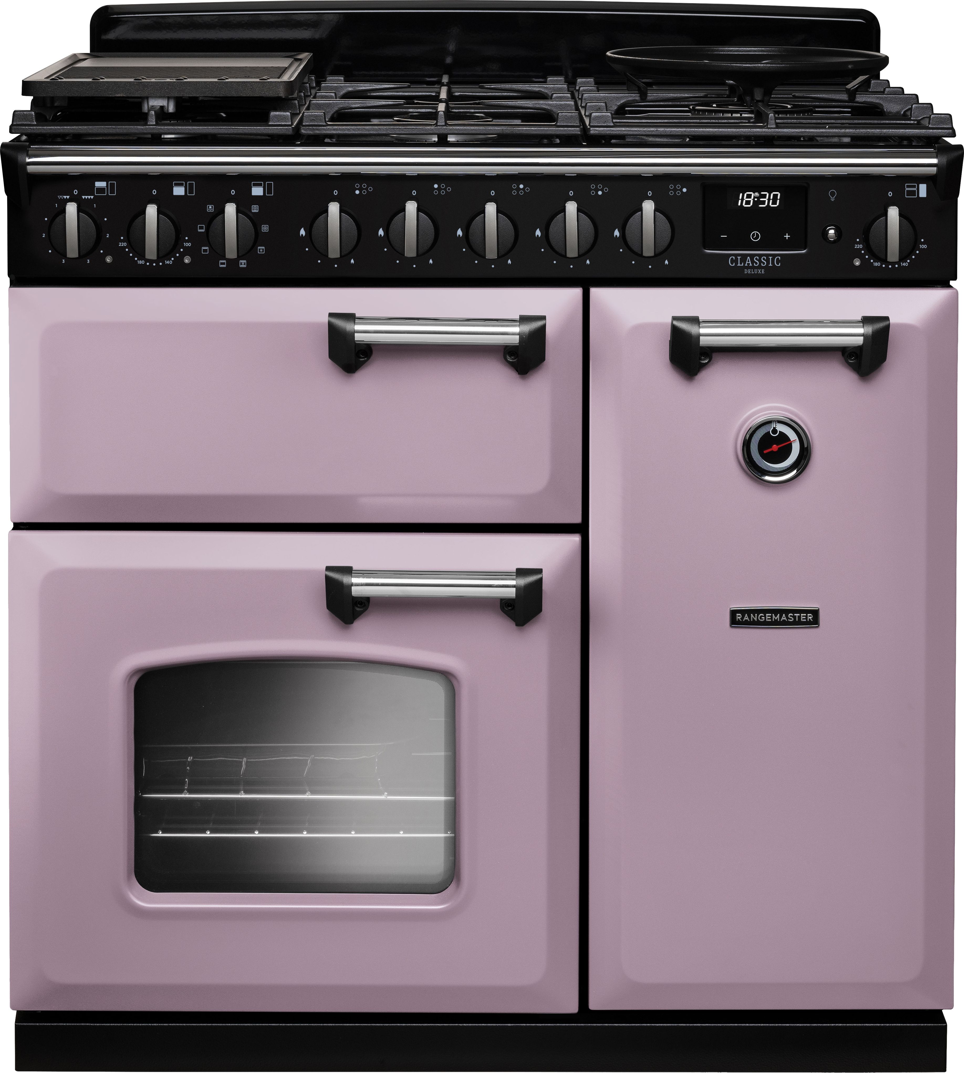 Image of Rangemaster Classic Deluxe CLDL90DFPHTH/CM1 90cm wide Dual Fuel Range Cooker with Gas Hob - Heather / Chrome - A Rated, Purple