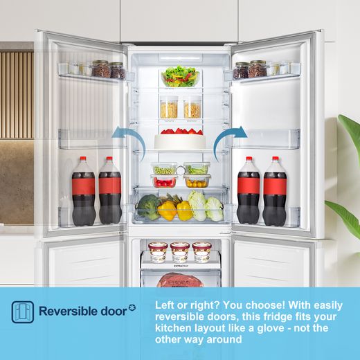 Fridgemaster MC55251D 182cm 50/50 No Frost Fridge Freezer - White -  Annotation - Reverse door shot
