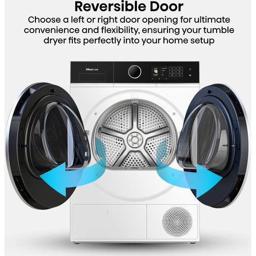 Hisense 5i Series DH5I104BWAB Wifi Connected 10Kg Heat Pump Tumble Dryer - White - Annotation - Reversible door shot