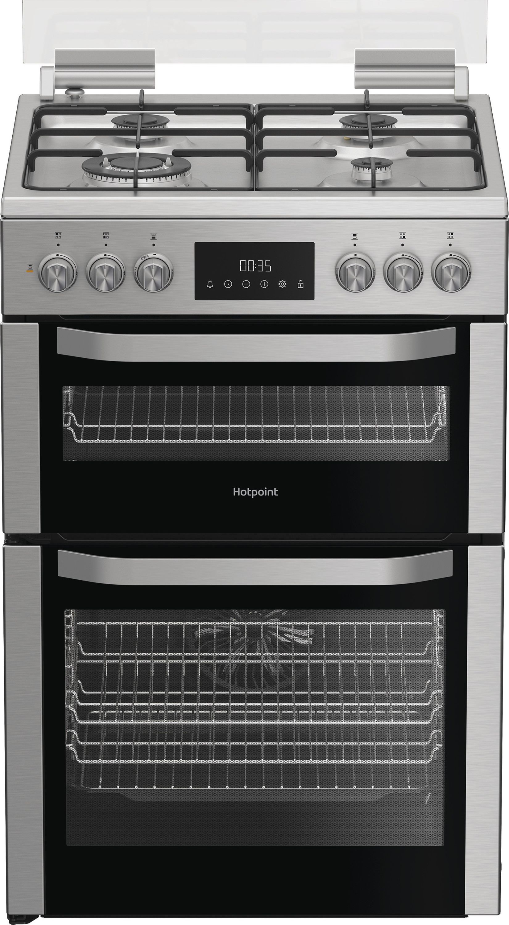 Image of Hotpoint HDD6GDC2WX 60cm Wide Double Oven Dual Fuel Cooker - Stainless Steel - A/A Rated, Stainless Steel
